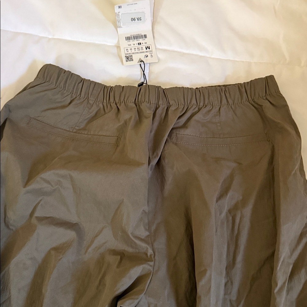 Zara Women Parachute Cargo Pants Elastic Waist Casual Pants - Olive Green - Picture 4 of 5